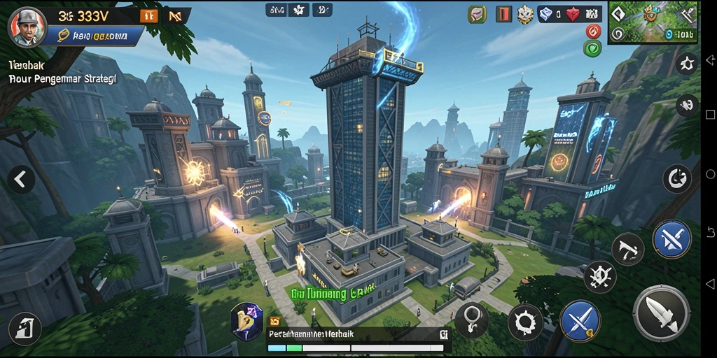 Screenshot gameplay 333V menampilkan serangan menara melawan gelombang musuh.