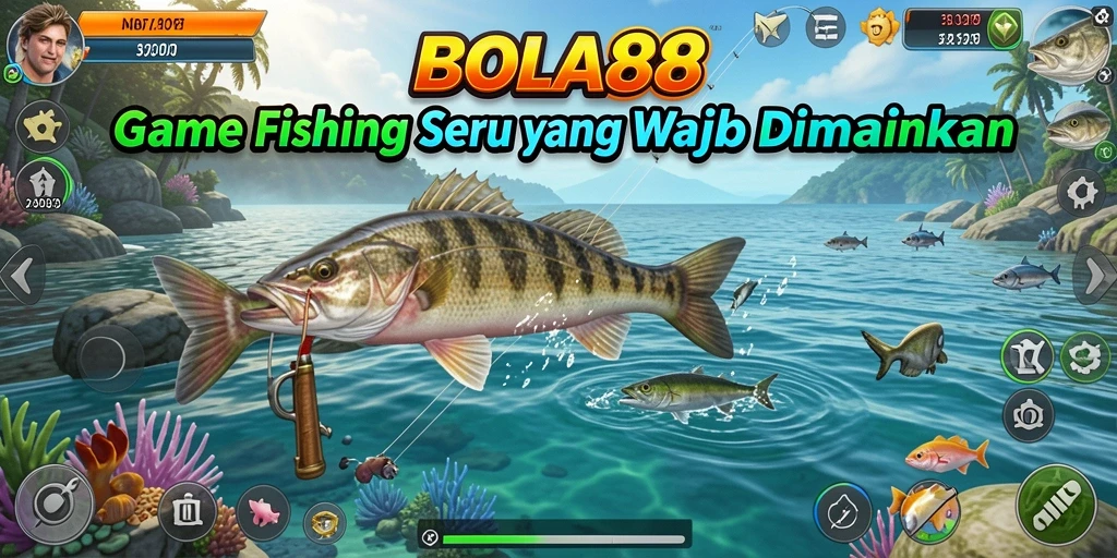 Tampilan gameplay <strong>BOLA88</strong> ketika memancing ikan yang menarik.