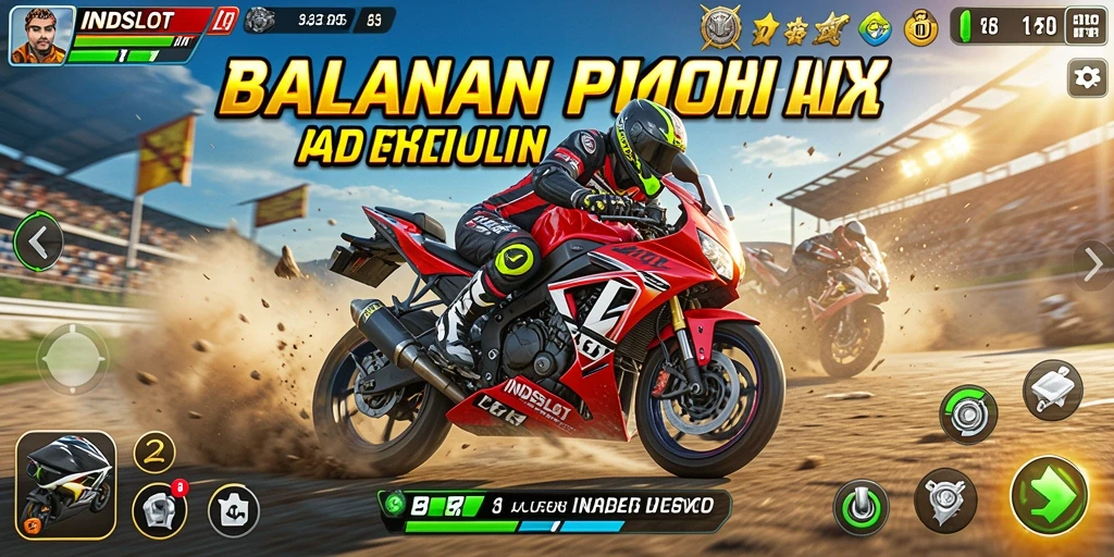 Screenshot gameplay <strong>INDSLOT</strong> yang menunjukkan aksi balapan motor seru.