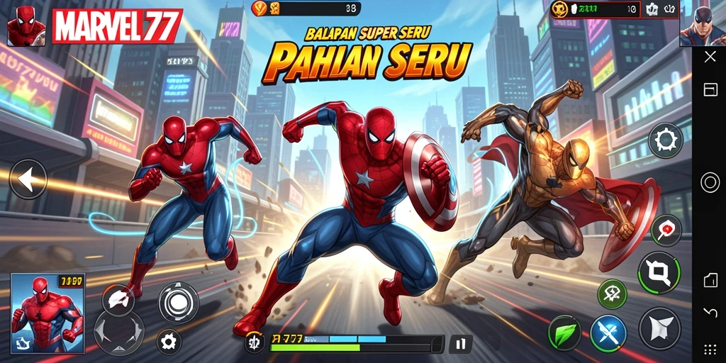 Screenshot dari gameplay balapan seru MARVEL77 dengan pahlawan Marvel.